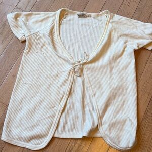 Cream Ribbed Tie-Front Top